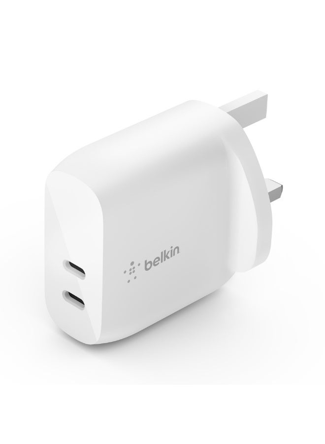 بيلكين شاحن حائط بتقنية USB Type C PD بقدرة 40 واط من Belkin (منافذ USB-C مزدوجة 20 واط لكل منفذ، يدعم  Power Delivery للشحن السريع لأجهزة iPhone 15/15 Plus و14 و14 Pro و14 Pro Max وMini وiPad Pro وGalaxy) أبيض - Image 1