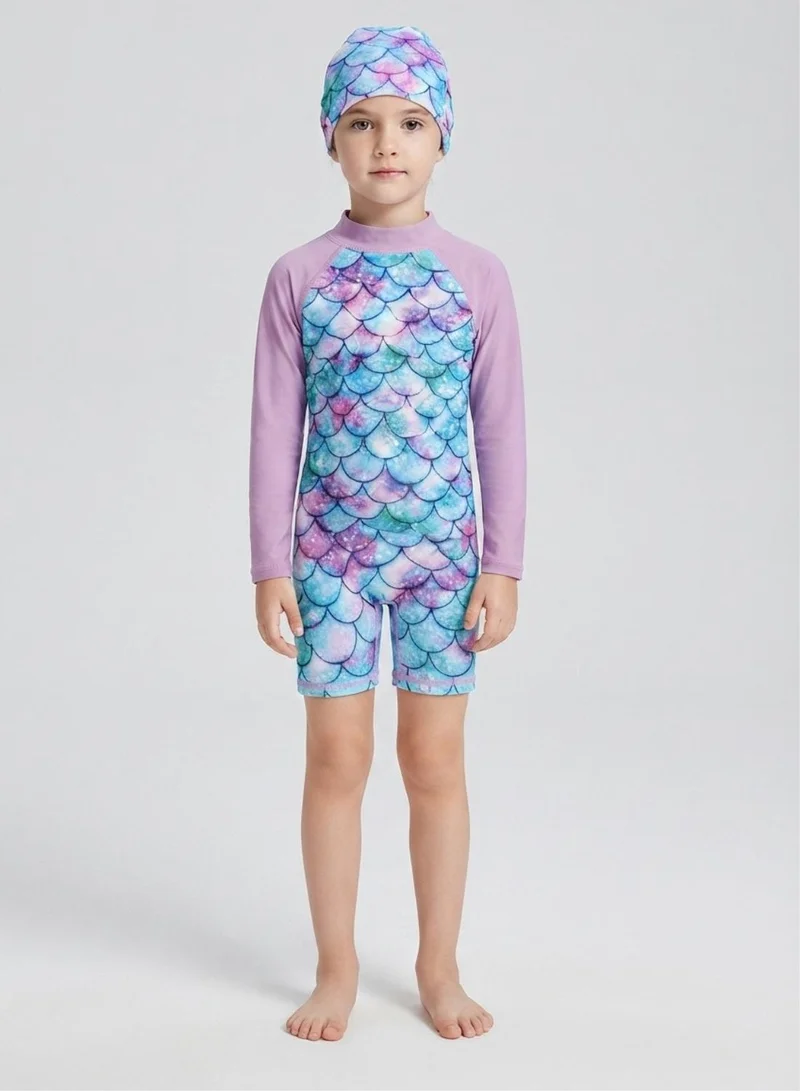 Babyqlo Girls Mermaid Print Swimsuit with Matching Swim Cap