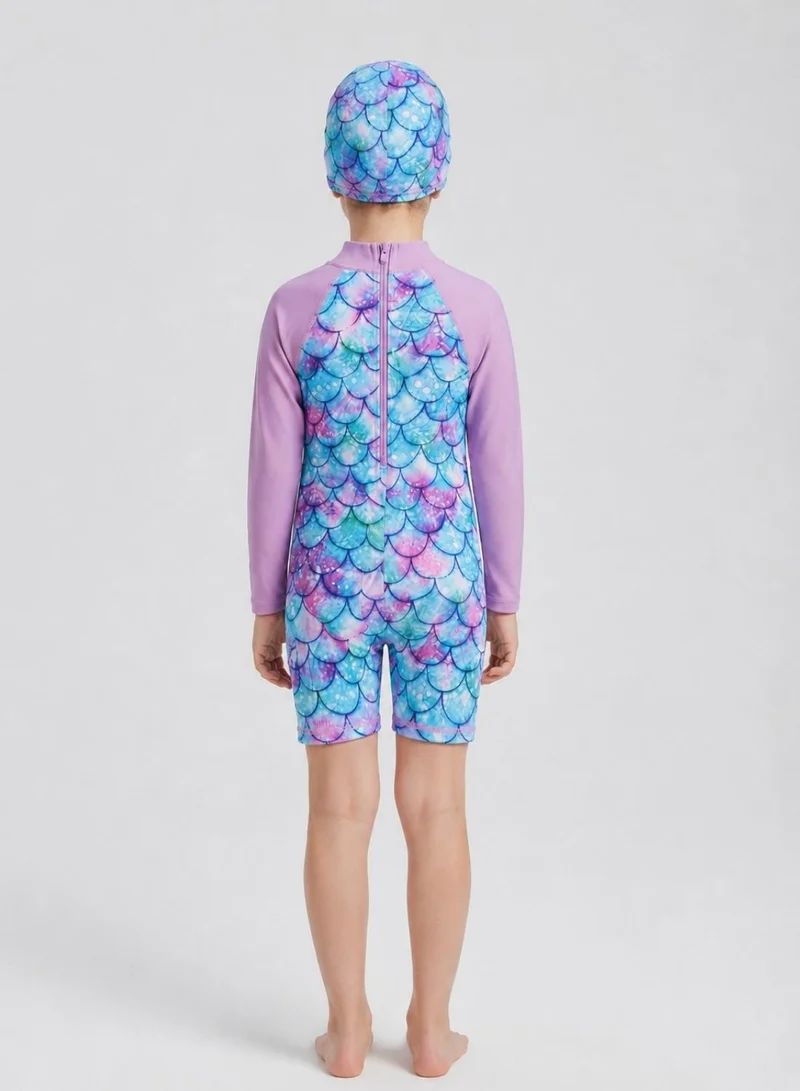 Babyqlo Girls Mermaid Print Swimsuit with Matching Swim Cap