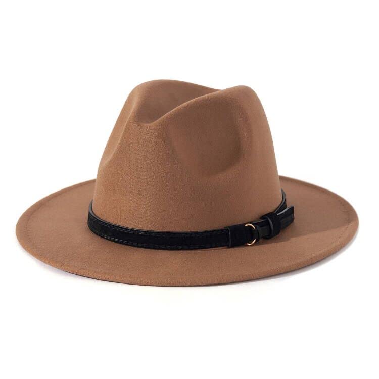 Lisianthus Men & Women Vintage Wide Brim Fedora Hat with Belt Buckle (B-Khaki, L; Hat Circumference: 59-60cm (for Men)) - Image 1