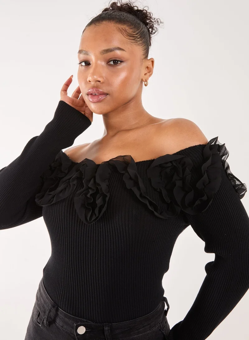 Pink Vanilla Ruffle Bardot Knit Top