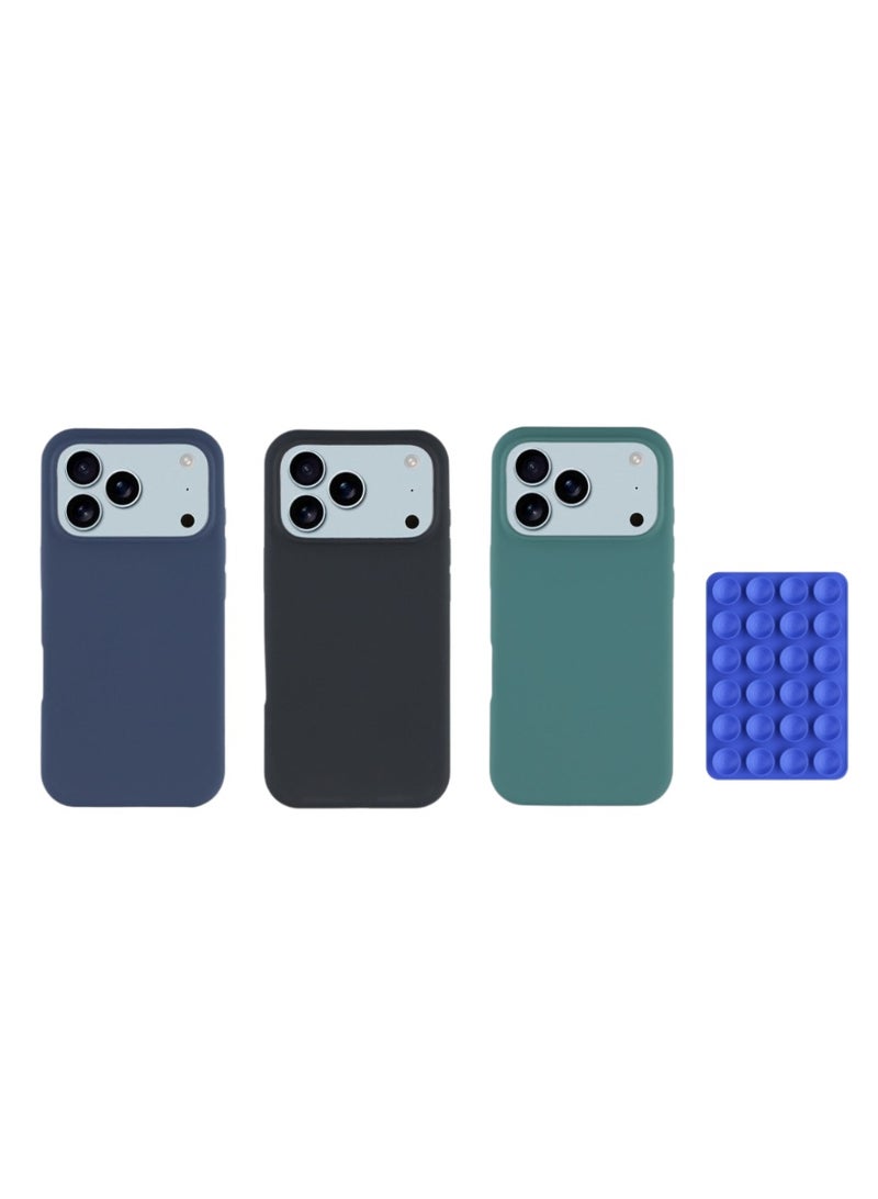 Dg مينغ مجموعة أغطية iPhone 17 Pro (4 قطع) - 3 أغطية سيليكون سائلة ناعمة (أزرق داكن، أسود، أخضر) + غطاء خلفي بقبضة مرآة | مجموعة أغطية خلفية واقية مقاومة للصدمات وبصمات الأصابع - Image 1
