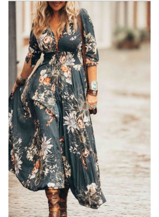 NIBEMINENT فستان نسائي صيفي بسيط بطبعة زهور بأكمام نصفية على شكل V أنيق فاخر للنساء كاجوال بتصميم واسع كبير - Image 1