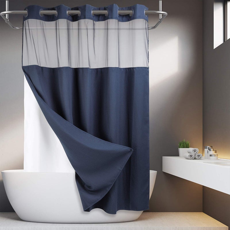 River Dream لا توجد خطافات مطلوبة ستارة دش نسج وافل منتشرة مع Snap في بطانة -Long 71W × 86H SPA Like Bath Curtain Navy - Image 1