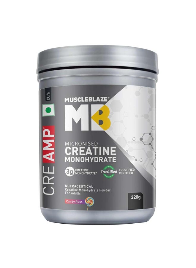 مسل بلايز مسحوق MuscleBlaze كرياتين مونوهيدرات ميكروني (CreAMP)، نكهة Candy Rush، 320 جم - Image 1