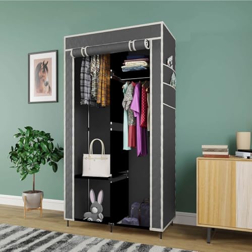 Whitecloud TRANSFORMING HOMES® 2+2 Layer Collapsible Wardrobe for Clothes with Side Pocket Storage Unit Cloth Rack Cupboard Storage Organizer (84x42.5x166cm)(7800-4) (Grey) - Image 1