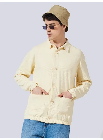 Maniac Mens Collared Neck Fullsleeve Half White 2Pockets Polyester Fleece Oversized fit Shacket