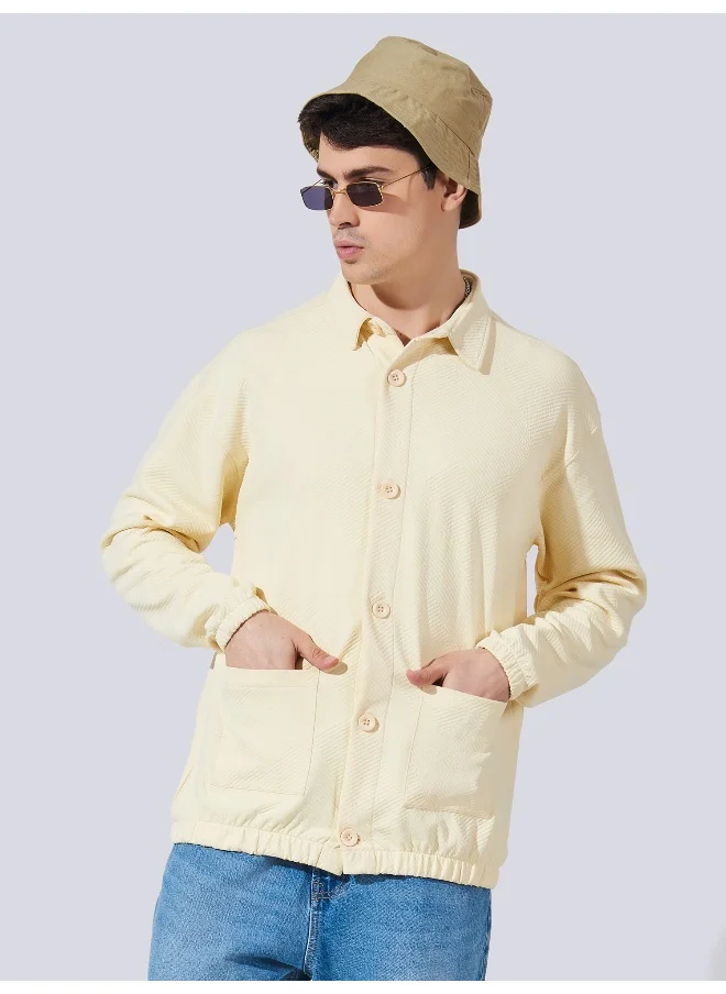 مانياك Mens Collared Neck Fullsleeve Half White 2Pockets Polyester Fleece Oversized fit Shacket