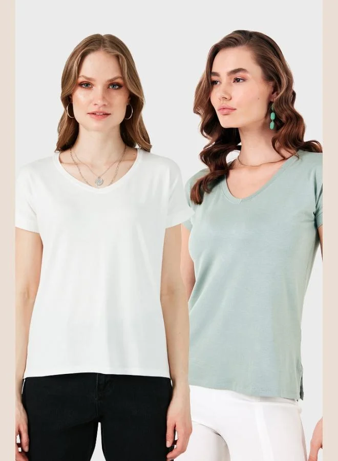 ليلا بلوزة نسائية بياقة على شكل حرف ، قصة مريحة، تفاصيل فتحات جانبية، عبوة من قطعتين