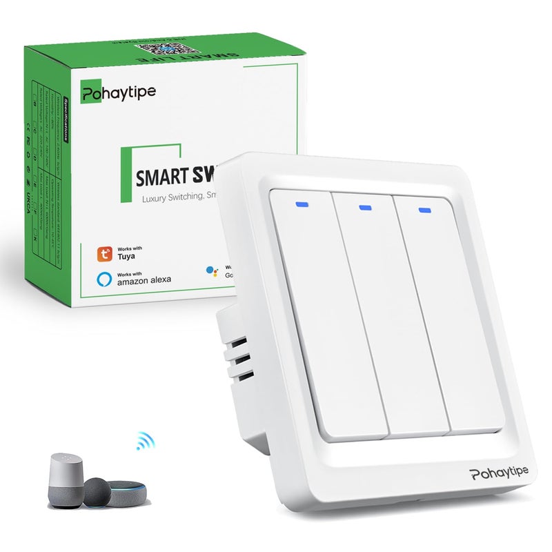 Pohaytipe Smart Push Button Switch, White Smart Panel: Wi-Fi, App & Voice Control (works with Alexa/Google Home), Timer, Countdown, Scene Control (White 3 Gang) - Image 1