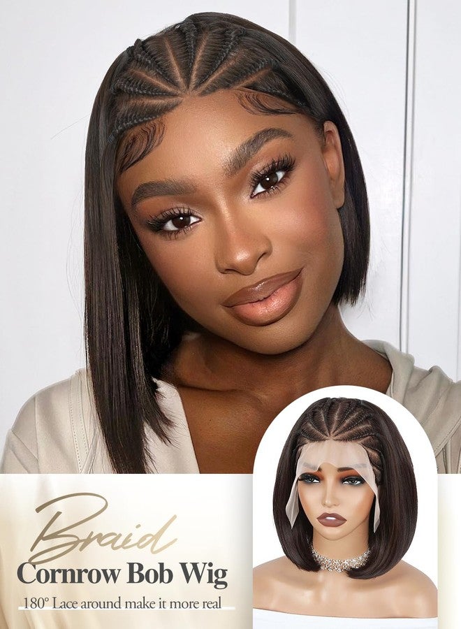 Quantum Love 13x4 Straight Bob Lace Frontal Braided Wigs for Black Women Braids Cornrows Lace Straight Bob Wigs Handmade Lace 12Inch Synthetic Glueless Wig(4#) - Image 3