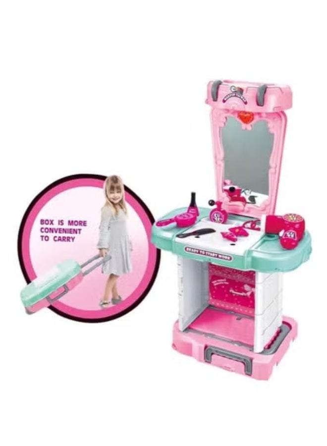 ممز بلانيت طقم تسريحة أطفال 3 في 1 بتصميم مميز  يحتوي على خزانة مع 27 قطعة وأدراج وإكسسوارات تجميل – لعبة تعليمية وتفاعلية للبنات – ألعاب تجميل – ألعاب أطفال - Image 1