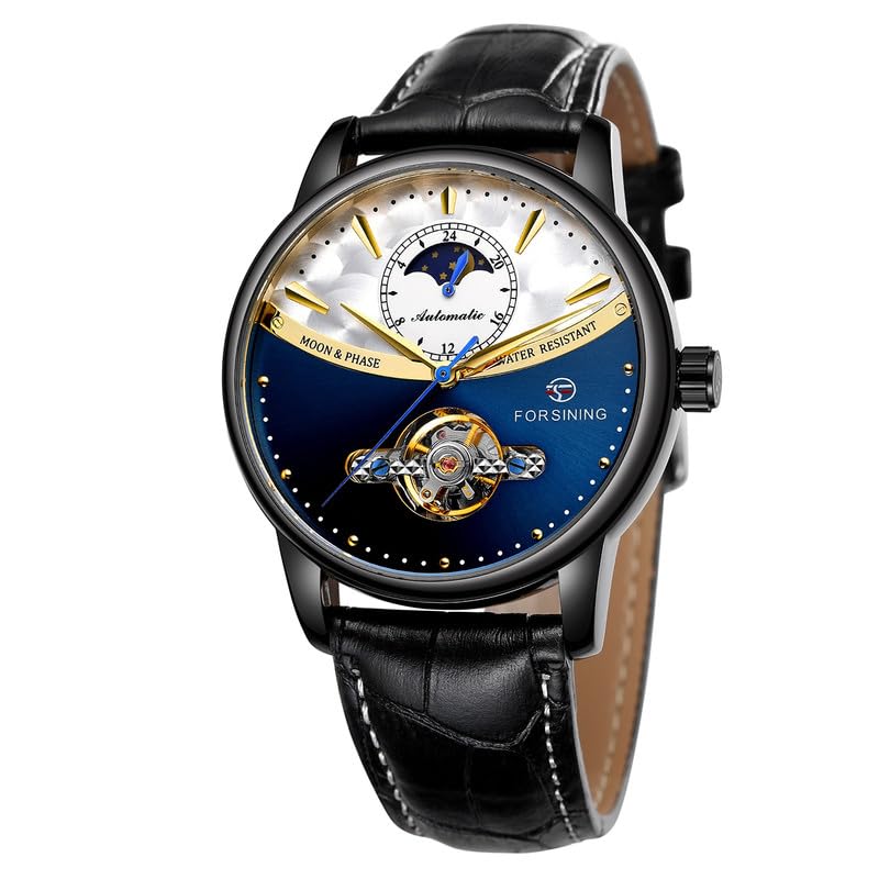 FORSINING Tourbilion Moon Phase Automatic Mechanical Analog Leather Band Men's Watch - Fsg8179,Dial-Multicolor, Band-Black - Image 2