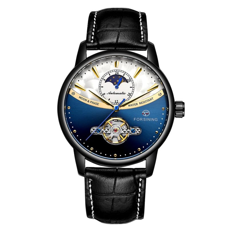 FORSINING Tourbilion Moon Phase Automatic Mechanical Analog Leather Band Men's Watch - Fsg8179,Dial-Multicolor, Band-Black - Image 1