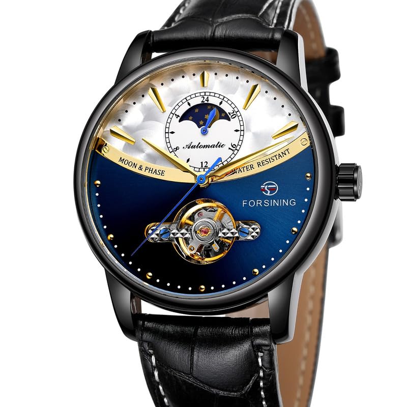 FORSINING Tourbilion Moon Phase Automatic Mechanical Analog Leather Band Men's Watch - Fsg8179,Dial-Multicolor, Band-Black - Image 3