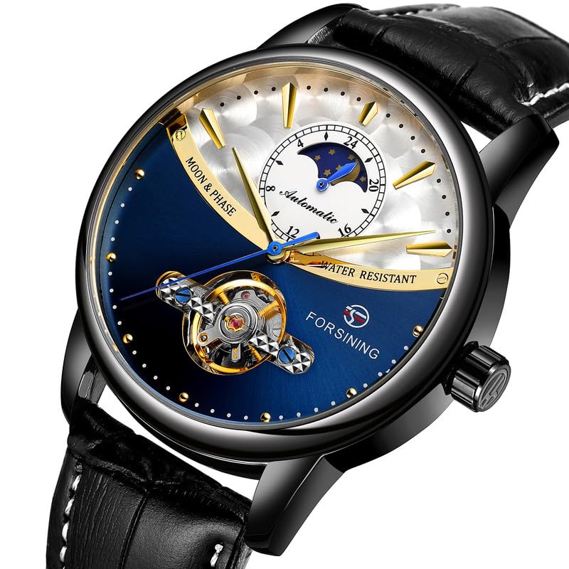 FORSINING Tourbilion Moon Phase Automatic Mechanical Analog Leather Band Men's Watch - Fsg8179,Dial-Multicolor, Band-Black - Image 4