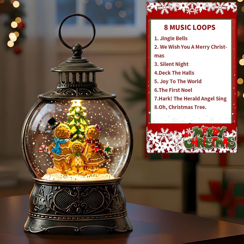 MXwcy Christmas Snow Globe Lighted Gingerbread Man Family Scene, Musical Snow Water Lantern Swirling Glittering Home Decoration and Gift, Battery Operated or USB Powered - Image 4