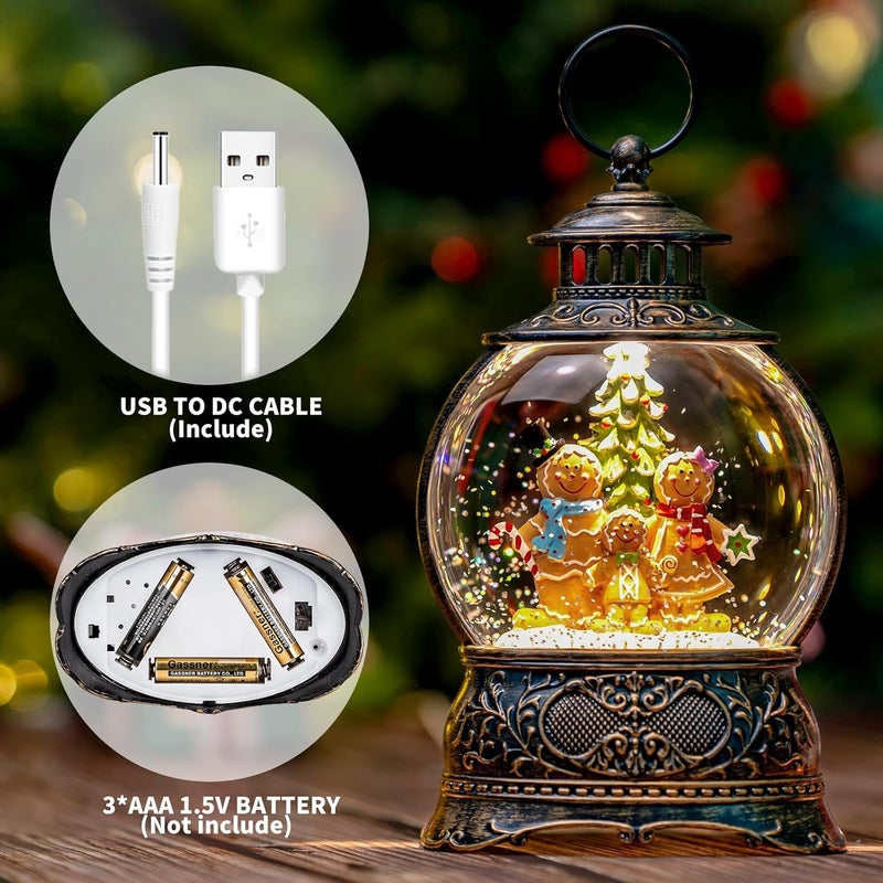 MXwcy Christmas Snow Globe Lighted Gingerbread Man Family Scene, Musical Snow Water Lantern Swirling Glittering Home Decoration and Gift, Battery Operated or USB Powered - Image 3