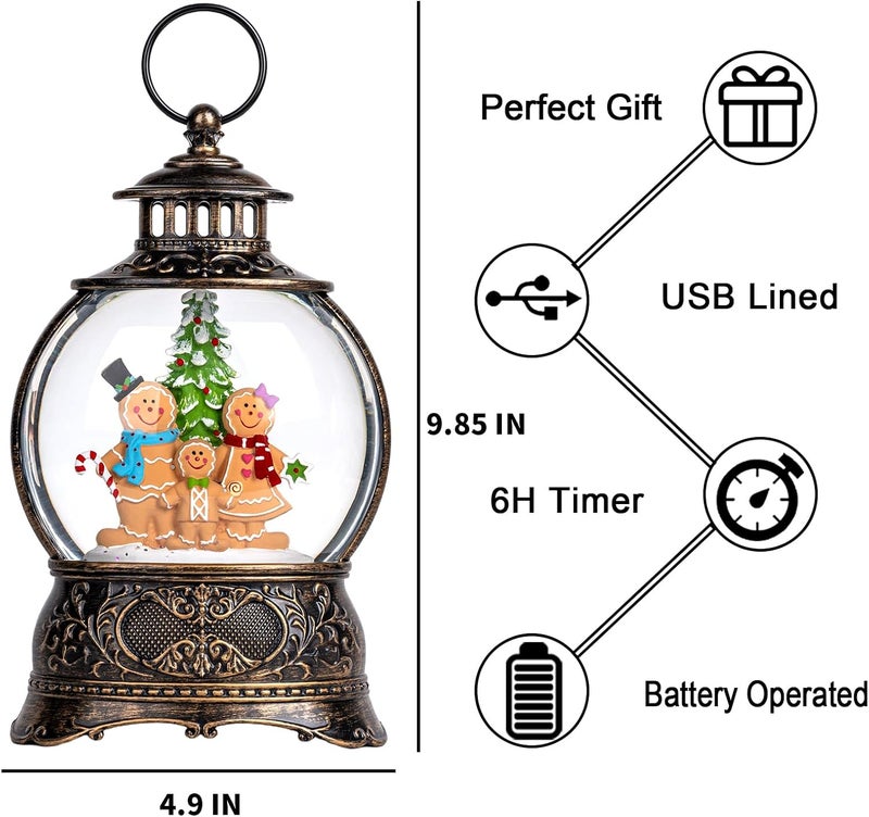 MXwcy Christmas Snow Globe Lighted Gingerbread Man Family Scene, Musical Snow Water Lantern Swirling Glittering Home Decoration and Gift, Battery Operated or USB Powered - Image 2