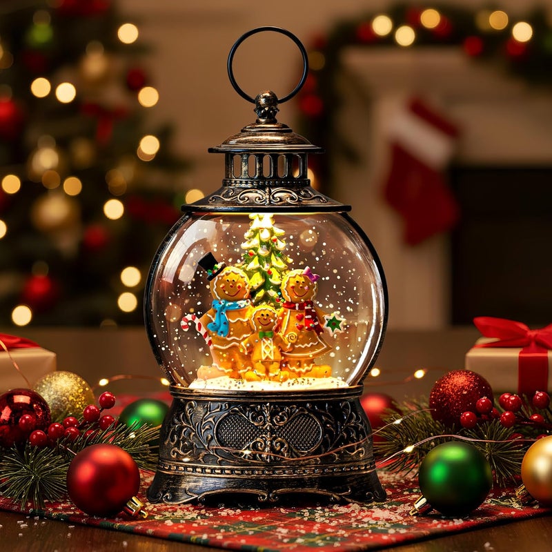 MXwcy Christmas Snow Globe Lighted Gingerbread Man Family Scene, Musical Snow Water Lantern Swirling Glittering Home Decoration and Gift, Battery Operated or USB Powered - Image 1