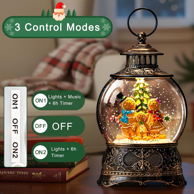 MXwcy Christmas Snow Globe Lighted Gingerbread Man Family Scene, Musical Snow Water Lantern Swirling Glittering Home Decoration and Gift, Battery Operated or USB Powered - Image 5