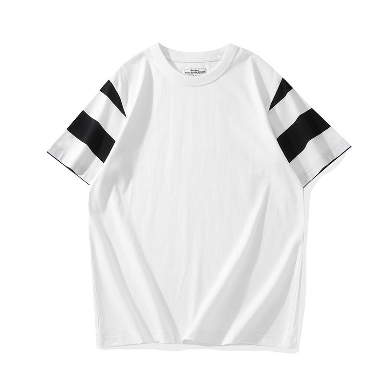 Generic OKONKWO heavy 240g crew neck motorcycle short sleeve T-shirt thick color matching striped sleeve TEE White 4108