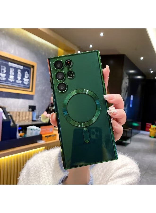 SHOPI Compatible for For Samsung Galaxy S23 Ultra Case Magnetic Clear with Camera Lens Protector Full Protection MagSafe Electroplated Silicone Slim Fit Shockproof Protective Case Cover - Green