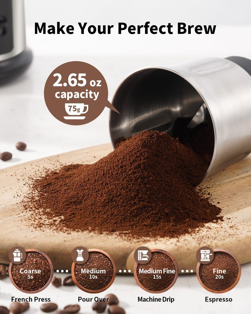 SHARDOR One Touch Coffee Grinder Electric, Spice, Herb, For Coffee Bean Spices and Seeds with 1 Removable Stainless Steel Bowl, Dry Grinder, Silver - Image 5