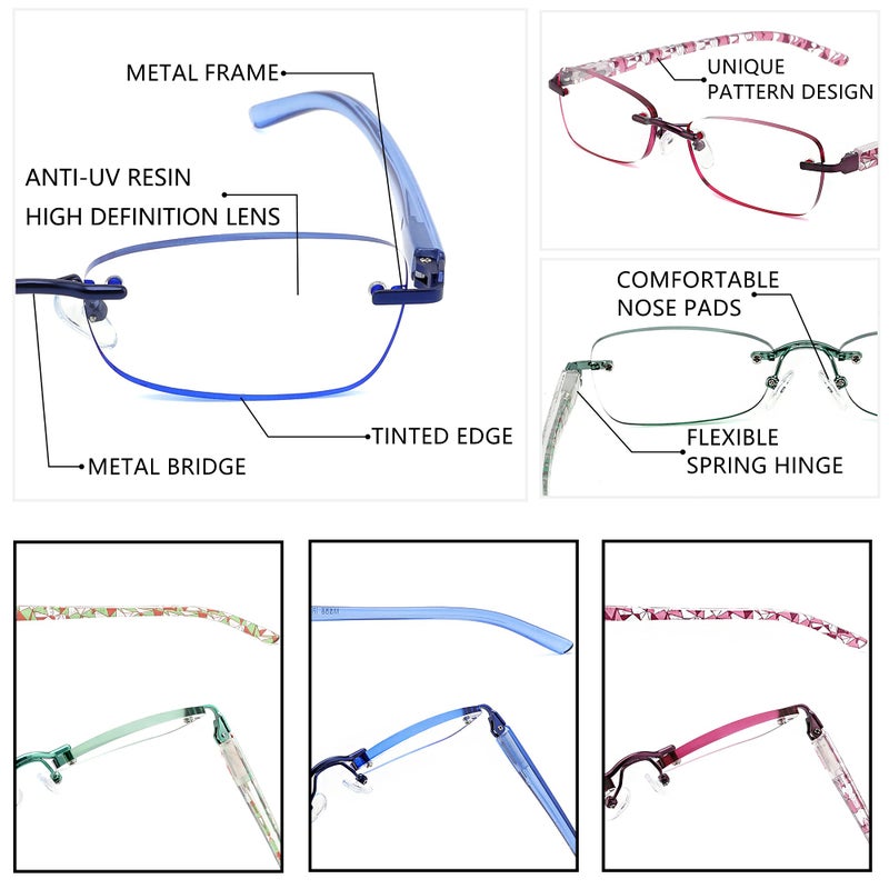 Jjwell 3 Pack Blue Light Blocking Reading Glasses For Women  Anti Eyestrain/Computer Glare Uv 400 Filter Readers With Spring Hinge  Lightweight Rimless Tinted Metal Blue Rays Eyeglasses (3.50) - Image 4