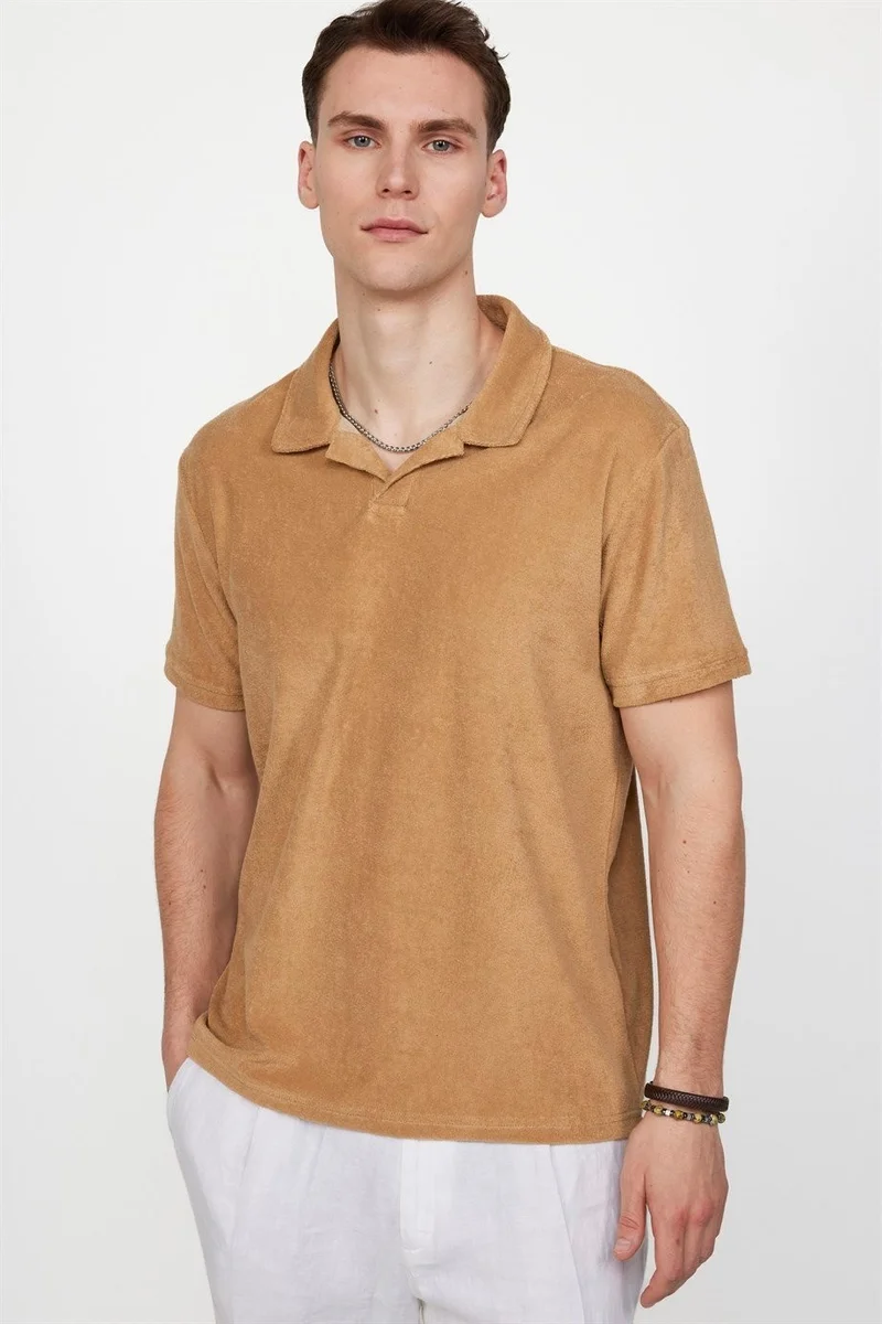 Tudors Men's Slim Fit Narrow Cut Terrycloth Towel Fabric Beige Polo Collar T-Shirt