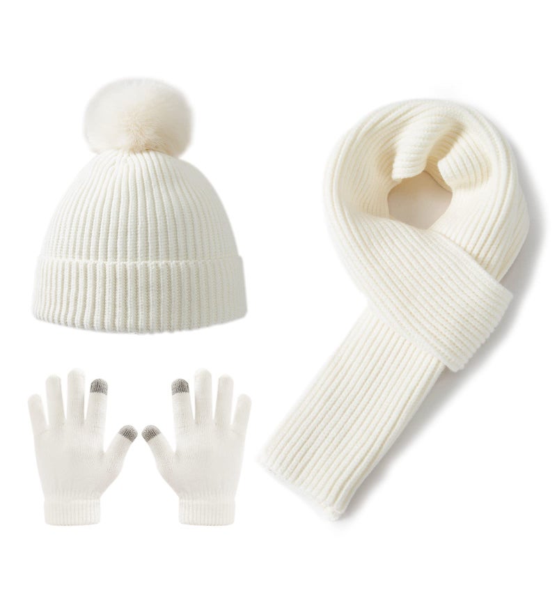 Lallier 3Pcs Kids Hat Scarf and Snow Gloves Set, Winter Knit Warm Soft Pom-Pom Beanie Outdoor for Boys Girls and Toddlers (White) - Image 1