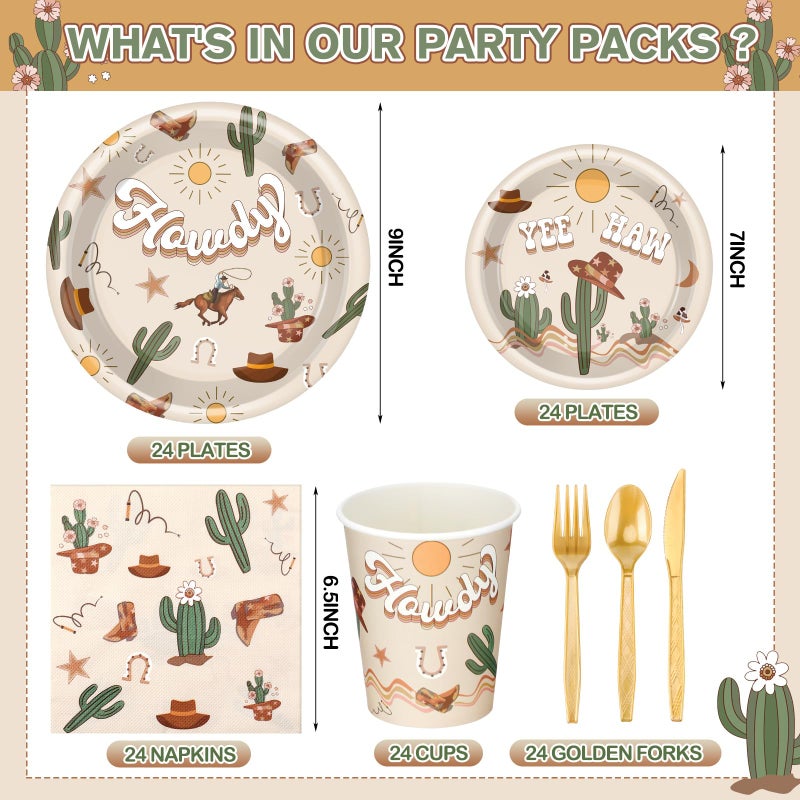 Romooa 168 Pcs Boho Western Rodeo Birthday Party Supplies Cowboy Birthday Party Decorations, Howdy Cowgirl Supplies, Yeehaw Western Baby Shower Favors, Wild West Theme Tableware - Image 2