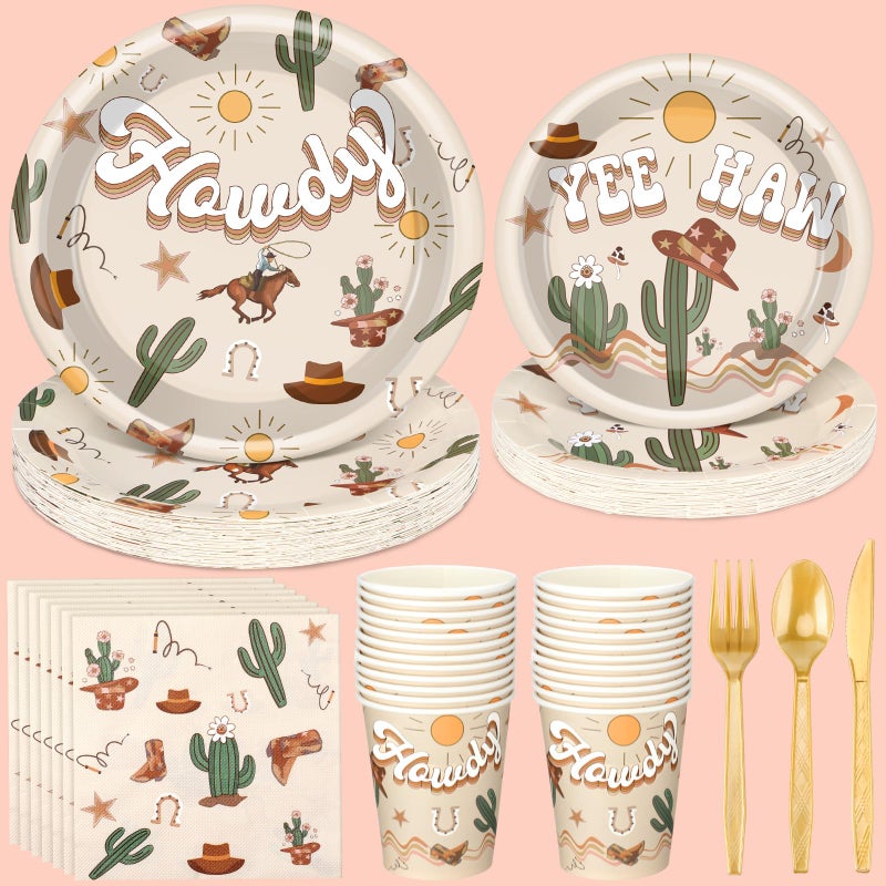 Romooa 168 Pcs Boho Western Rodeo Birthday Party Supplies Cowboy Birthday Party Decorations, Howdy Cowgirl Supplies, Yeehaw Western Baby Shower Favors, Wild West Theme Tableware - Image 1