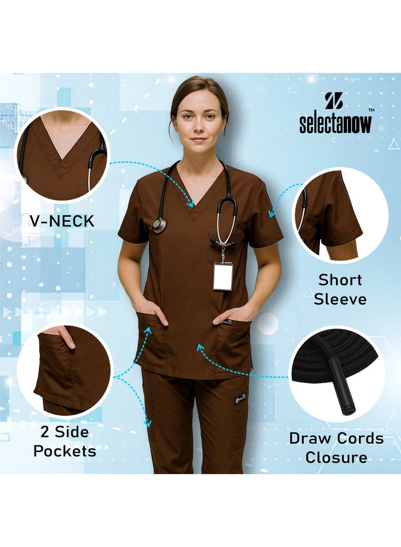 Mens & Womens Medical Scrubs Set V Neck Top & Bottom Brown Breathable Workwear Scrubs Suit