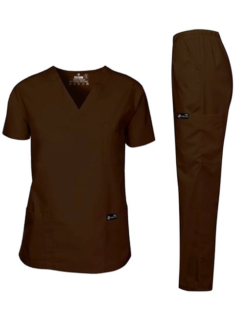 Mens & Womens Medical Scrubs Set V Neck Top & Bottom Brown Breathable Workwear Scrubs Suit