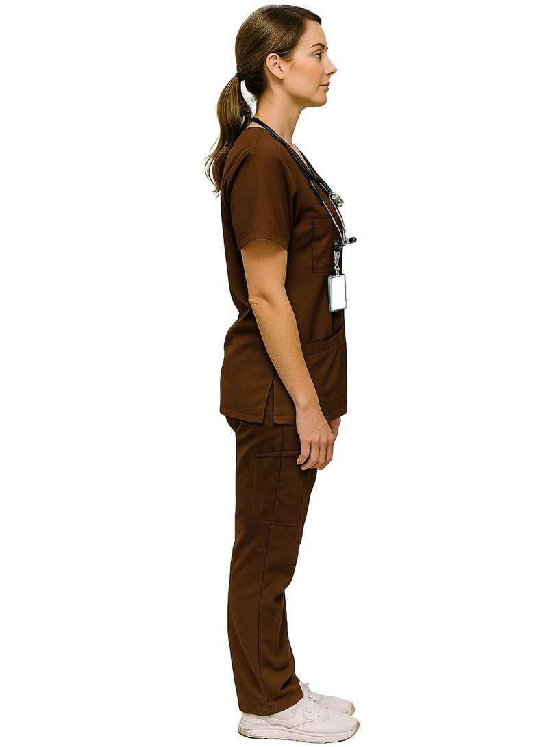 Mens & Womens Medical Scrubs Set V Neck Top & Bottom Brown Breathable Workwear Scrubs Suit
