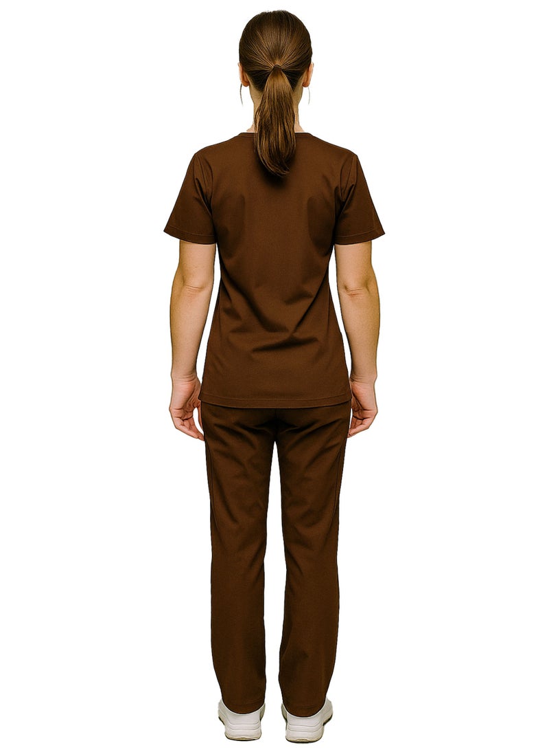 Mens & Womens Medical Scrubs Set V Neck Top & Bottom Brown Breathable Workwear Scrubs Suit