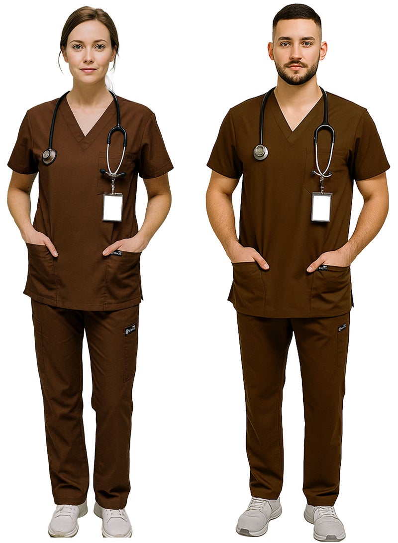 Mens & Womens Medical Scrubs Set V Neck Top & Bottom Brown Breathable Workwear Scrubs Suit