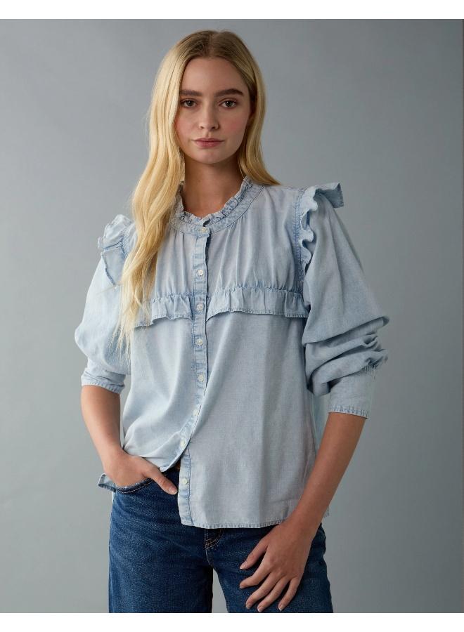 American Eagle AE Denim Ruffle Blouse - Image 1