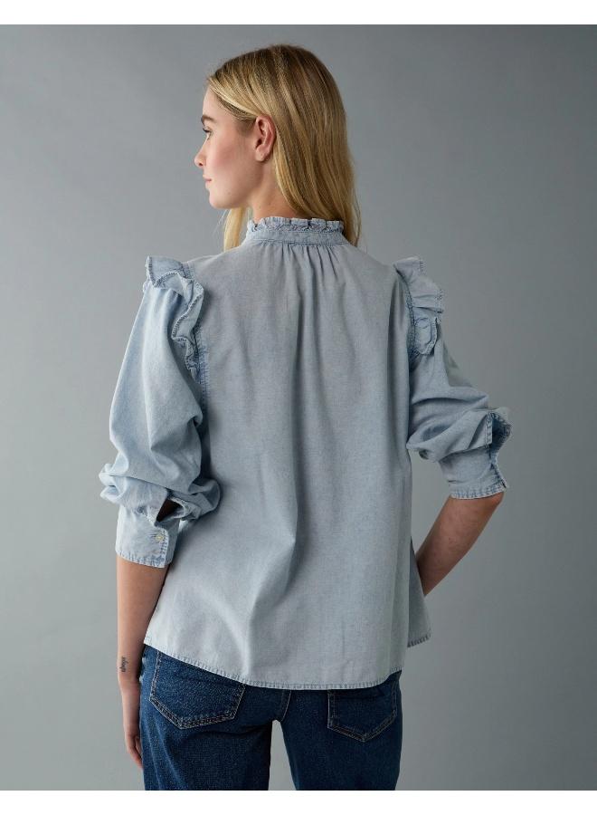 American Eagle AE Denim Ruffle Blouse - Image 4