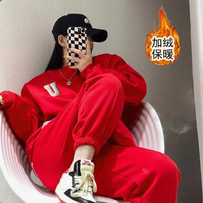 Fleece-lined thick warm casual fashion sports suit womens autumn and winter New loose sweater trousers two-piece suit fashion Black - Image 4