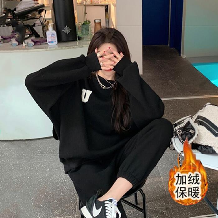 Fleece-lined thick warm casual fashion sports suit womens autumn and winter New loose sweater trousers two-piece suit fashion Black - Image 1