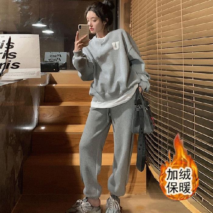 Fleece-lined thick warm casual fashion sports suit womens autumn and winter New loose sweater trousers two-piece suit fashion Black - Image 2