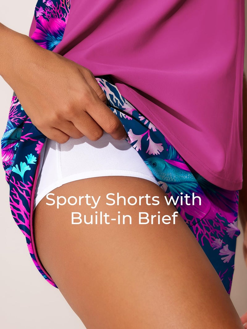 Summer Mae Blouson Tankini Swimsuits for Women 2026 Tummy Control Two Piece Bathing Suits with Sporty Pockets Swim Shorts Deep-sea Driftinga Size 16 - Image 5