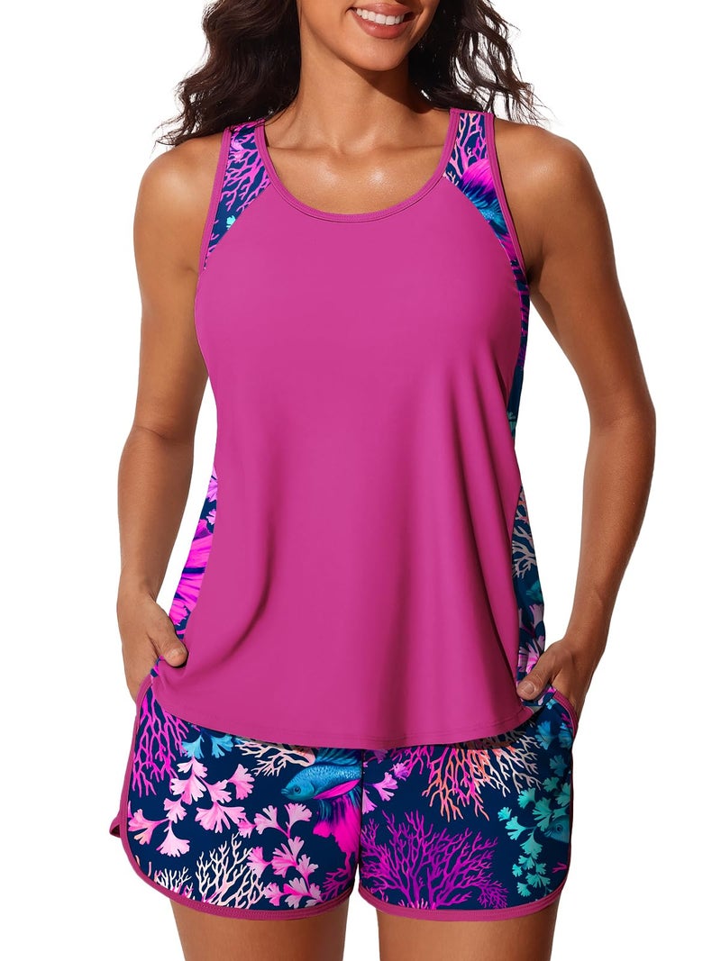 Summer Mae Blouson Tankini Swimsuits for Women 2026 Tummy Control Two Piece Bathing Suits with Sporty Pockets Swim Shorts Deep-sea Driftinga Size 16 - Image 1