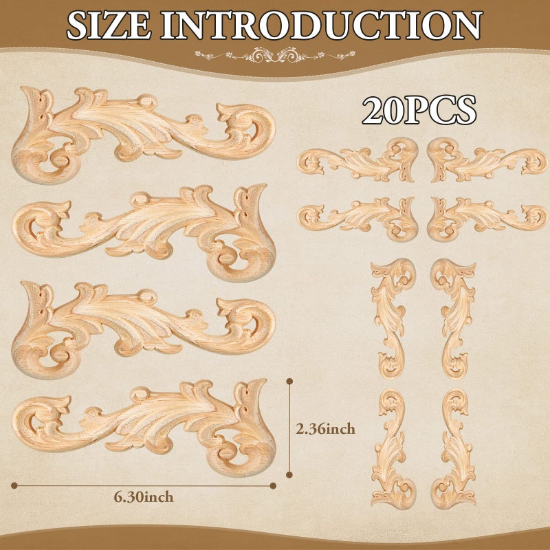 Vicenpal 20 Pcs Wood Applique Corner Onlay Decorative Wood Applique DIY Wooden Carved Corner Unpainted Wooden Carved Corner Decals Wood Carving Decal for Furniture Wall Cupboard Bed Cabinet (Stylish Style) - Image 3
