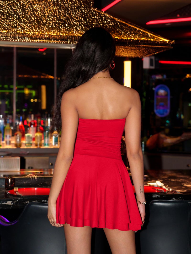 OQQ Women's Mini Dress Summer Cocktail Tube Ruched Waist Ruffle Corset Party A-line Dresses Red - Image 5
