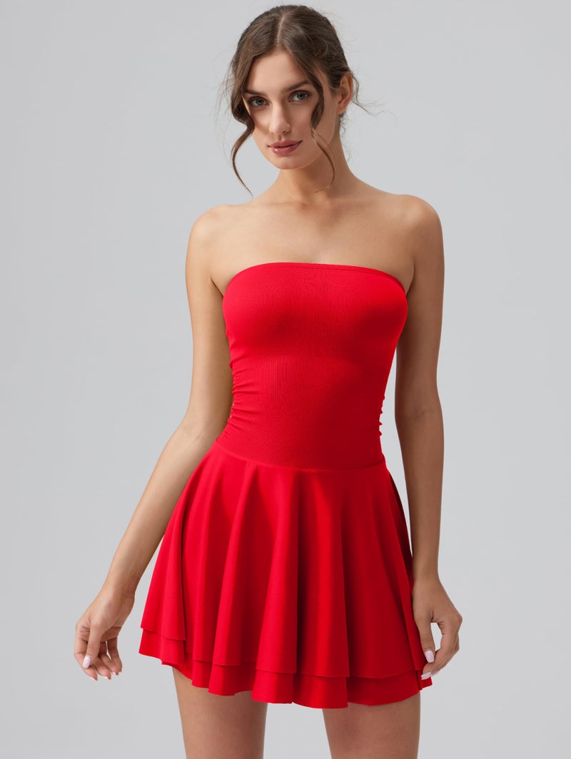 OQQ Women's Mini Dress Summer Cocktail Tube Ruched Waist Ruffle Corset Party A-line Dresses Red - Image 2
