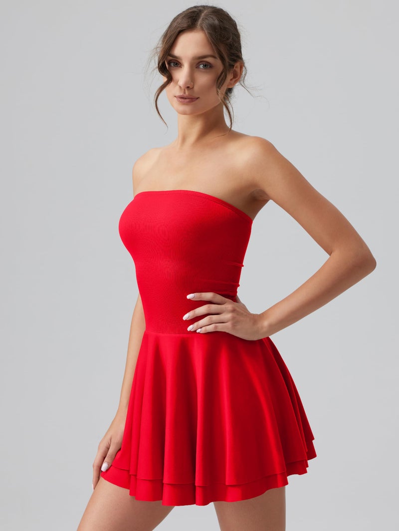 OQQ Women's Mini Dress Summer Cocktail Tube Ruched Waist Ruffle Corset Party A-line Dresses Red - Image 3