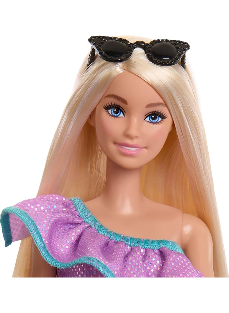 Barbie Doll with Clothes and Accessories, Blond Hair and 3 Party-Themed Mix-And-Match Outfits Including Dresses, Purses and Heels - Image 2
